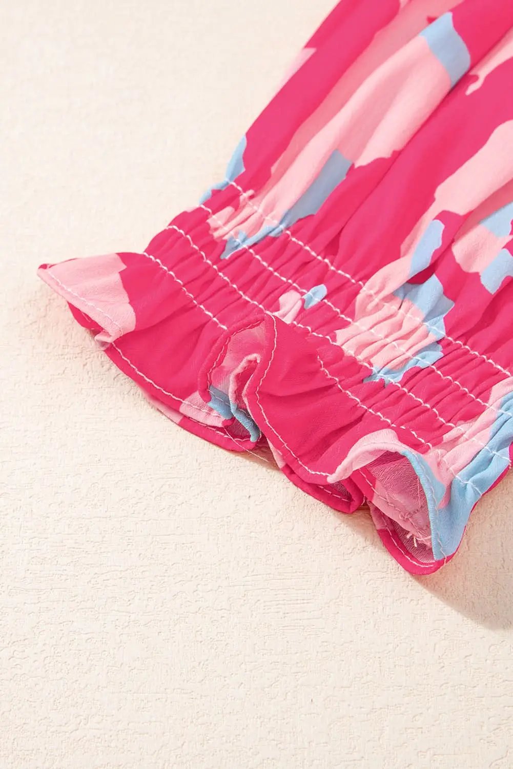 Rose Abstract Print Smocked Puff Sleeve V Neck Blouse - Love Salve